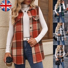 Womens Long Plaid Shacket Vest Gilet Checked Button Sleeveless Jacket UK