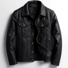 Men's Black Leather Jacket Real Cowhide Biker Trucker Style Slim Fit Coat Gift