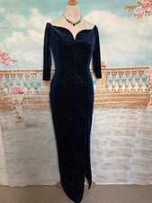Evening Dress 14 Navy Blue Stretch Velvet Glitter Bardot Quiz Ballgown Maxi Long