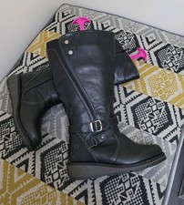 Black Heavenly Feet Mid Calf Stretch Back Biker Boots Size 4 EEE Extra Wide