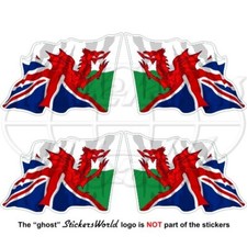 WALES-UK British Flying Flag, Welsh Red Dragon-Union Jack 50mm Sticker, Decal x4