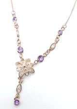 Sterling Silver 925 Filigree Necklace With 5 Faceted Round Amethysts. 3.15 Grams