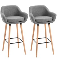 HOMCOM 2Pc Upholstered Bucket Seat Breakfast Bar Stools - Solid Wood Legs - GREY