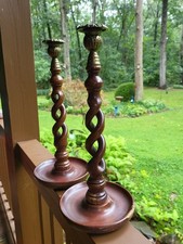 Oak & Brass Thistle Open Barley Twist Candlesticks Holders at 15" Tall - a Pair