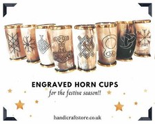 Engraved Ox Horn Viking Drinking Mug, Horn cup with brass top & bottom accent