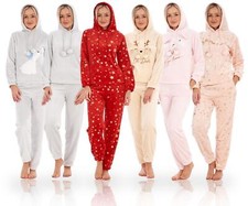 New Ladies Women Plush Luxury Soft Hooded Pockets PJ'S Mink Fleece Pyjamas