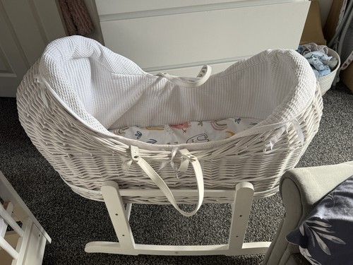 White wicker oval moses basket - wicker,