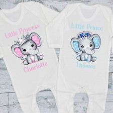 Little Prince / Princess Personalised Elephant Baby Bib Vest Grow Romper T-Shirt