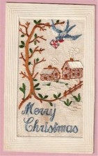 TOPOGRAPHICAL POSTCARD WWI SILK MERRY CHRISTMAS HOUSES SWALLOW WITH LETTER