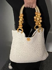 Beautiful Cotton Yarn Taupe Shoulder Bag, Handmade With Wooden Beaded Handles