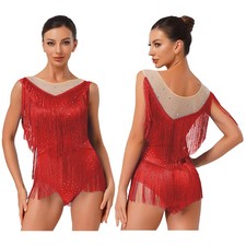 UK Women Latin Dance Leotard Dress Sleeveless Fringe Bodysuit Ballroom Dancewear