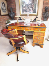 A Large & Stunning Renovated, Art Deco Inspired, Twin Pedestal Red Leather Desk
