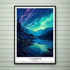 Norway Fjords Aurora Unframed Illustration Scandinavian Landscape WallArt Poster