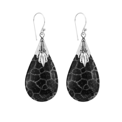 Black fossil coral earrings - fossil,