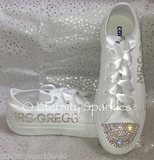 Customised/Personalised Mono White Converse Crystal Sparkle Luxe Wedding Bridal