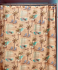 BEACHY PRINT SHOWER CURTAIN & SEASHELL HOOKS SET-72X72-PALMS-BEACH CHAIRS-BOATS