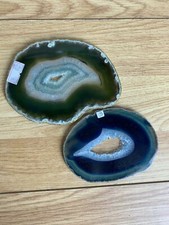 Natural Agate Slices Pair Green Blue Druzy Quartz Crystal Geode Bookends