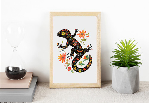 Folk art print black gecko - art,
