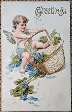 Cherub & Basket of Four Leaf Clover, Chromo Embossed Gold Trim Postcard 1907