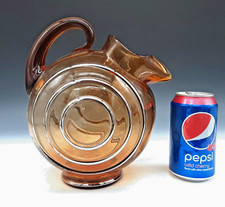 Vintage Art Deco Elegant Amber Glass 9" Tilt Ball Concentric Circles Pitcher Jug