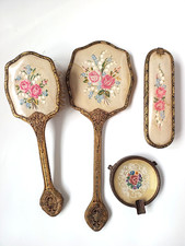 Vintage Oval Petit Point Filigree Vanity Mirror and Brush Set & Ashtray
