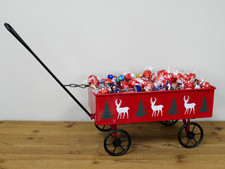 Red Metal Christmas Trolley Wagon Festive Reindeer Sweet Display Decoration