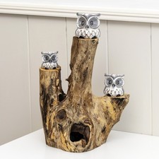 Baby Owls In Teak Root Tree Sculpture Hand Carved Rustic Bird Wooden Base Nature