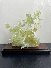 Beautiful Green Jade Type Hardstone Carved Chinese  Dragon & Girl Sculpture