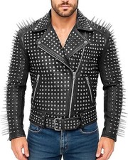 Mens Long Spikes Rock Punk Gothic Studded Brando Motorcycle Leather Jacket