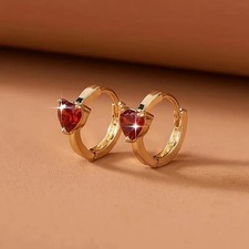 18K Gold Plated Sweet Sparkling Rich Red Tiny Heart Zirconia Leverback Earrings