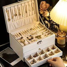 3 Layer Large Jewelry Box, necklace Jewelry Storage Organizer Cabinet Box White