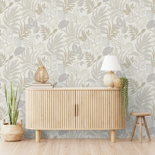 White beige floral wallpaper - white,