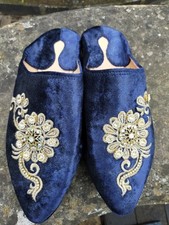 EL AYMANI MAROC MOROCCAN MULES SLIPPERS SHOES BLUE VELVET RHINESTONES UK 7 NEW