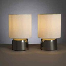 Pair Of Touch Table Lamps 16cm Super White Metal & Fabric Dimmable 6W NEW