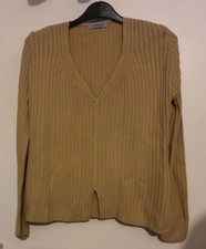 Ladies Brown Knitted Ribbed V-neck Pullover Size S/m (Z1 D)