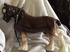 Large Bay Shire Horse Figurine With His Harness ,Waiting Patiently