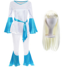 LADIES 1970S POP QUEEN COSTUME + WIG DANCING DISCO FANCY DRESS OUTFIT TROOPER