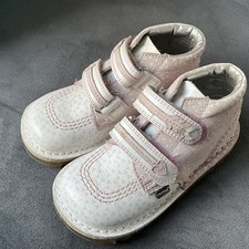 Girls Kids Size 28 Kickers Pink And White Boots 2 Strap Fastenings, Rubber Soles