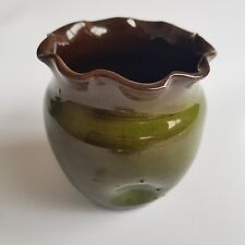 Studio art pottery brown green glazed pot vase ruffled rim vintage Belgium