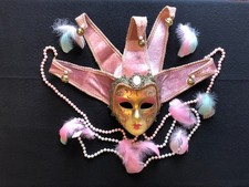 Original Venice Hand Painted Carnival Mask/Wall Hanging/Jester Bells/Pink Velvet