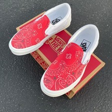 Red Bandana Pattern Paisley Design on white Slip On Vans Shoes Custom