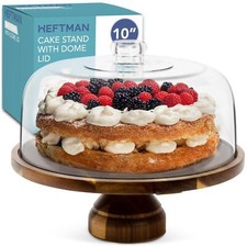 HEFTMAN Acacia Wood Cake Stand Clear Dome Lid Pastry Plate Non-slip Dessert 10"