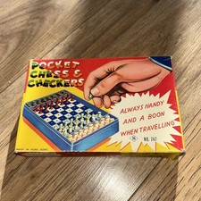 VINTAGE POCKET TRAVEL CHESS SET AND DRAUGHTS / CHECKERS IN CASE