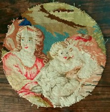 Antique Figural B|erlin Woolwork Needlepoint Round Panel