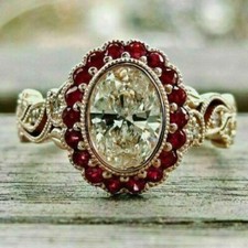 3 Ct Oval Diamond Red Ruby Halo Filigree Anniversary Ring 14K Rose Gold Finish
