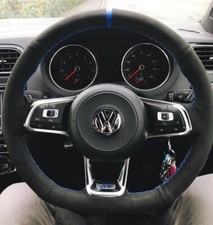 VW Polo GTI MK5 6C Golf GTI R MK7 Suede Car Steering Wheel Cover Blue Stripe