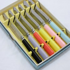 6 Smith Seymour stainless steel knives with harlequin celluloid handles - boxed