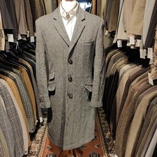 Vintage Mens 36L 38L HARRIS TWEED Herringbone Overcoat Coat Jacket Wool Grey V
