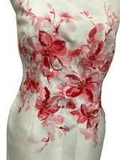 Jacque Vert Ivory Red Pink Shantung Short 36 1/2” Beaded Dress Size 8 Bnwt