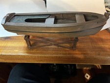 RARE Vintage Handmade 12” Wooden Row  Boat Fishing Boat All Handcrafted &Stand